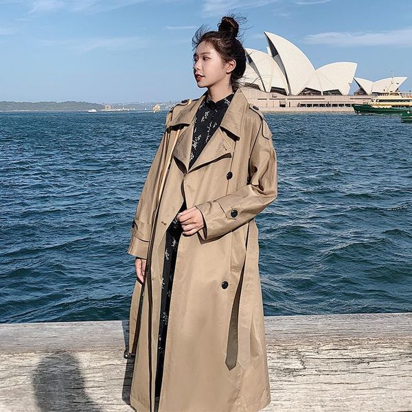 

women's trench coats spring and autumn coat 2021 fashion lady khaki casual loose woman long windbreaker full sleeve turn-down breasted, Tan;black
