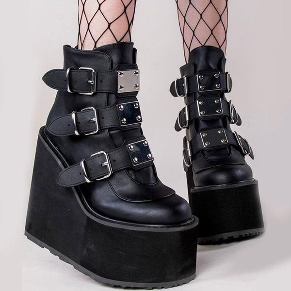 

boots 2021 punk brand ins platform high heels gothic style vampire wedges shoes cosplay fashion motorcycles ankle women, Black