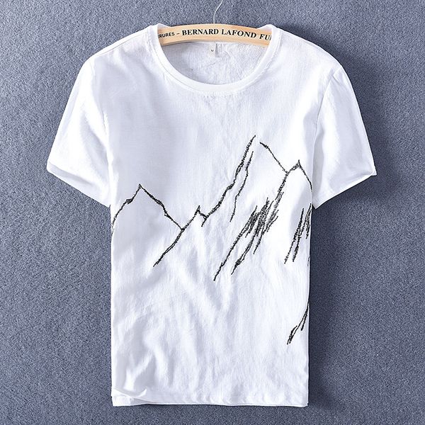 

2021 spring and summer short-sleeved new linen t-shirt brand embroidery t shirt for men round neck breathable tshirt mens yokp, White;black