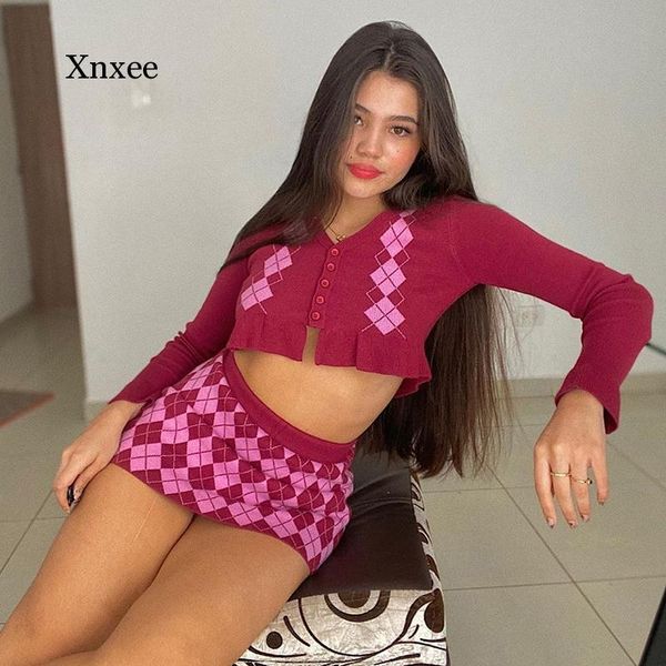 

women's knits & tees argyle plaid y2k knitted cardigans for women autumn v-neck aesthetic harajuku sweaters long sleeve korean knitwear, White