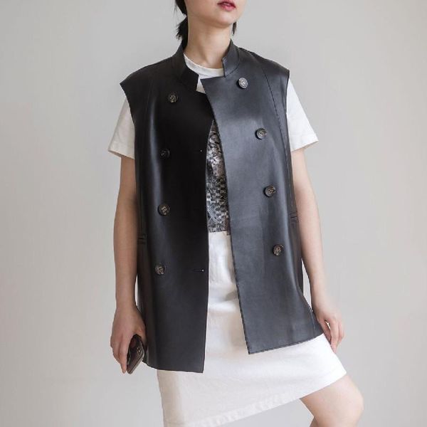 

women's leather & faux medium long real sheepskin waistcoat women fashion genuine sleeveless coats jacket double breasted vest 2021, Black