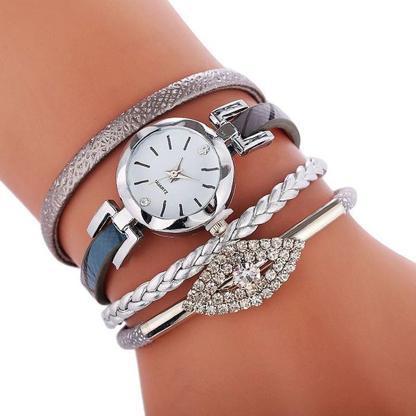 

wristwatches 100pcs/lot exclusive lady elegance weave leather watch quartz wrap around eye crystal braided wrist watches for women, Slivery;brown