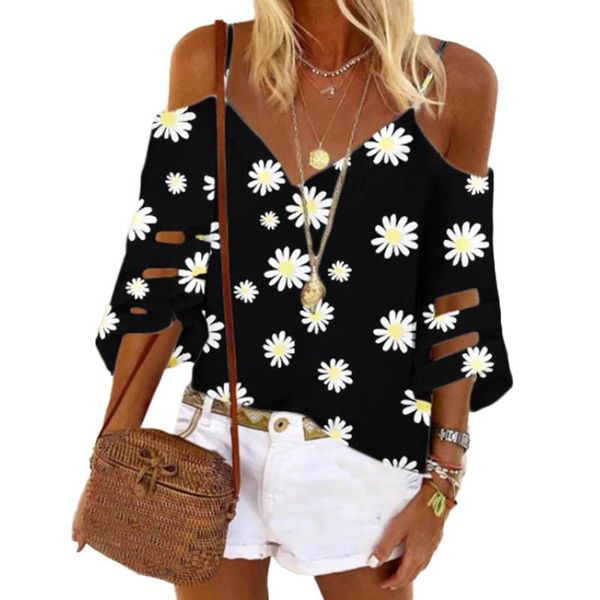 

women's blouses & shirts fashion women v neck hollow out 3/4 sleeve sunflower print t-shirt cold shoulder blouse, White