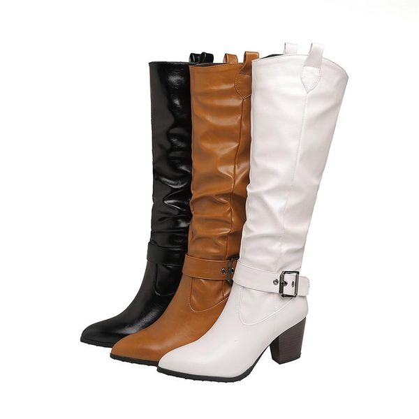 

boots winter 2021 fashion womens shoes high heel black white brown mid calf buckle long western cowboy for women 43