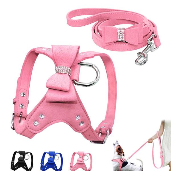 

soft suede leather puppy dog harness lead leash set cute pet harness vest walking leashes rope pink for small med qylmuy