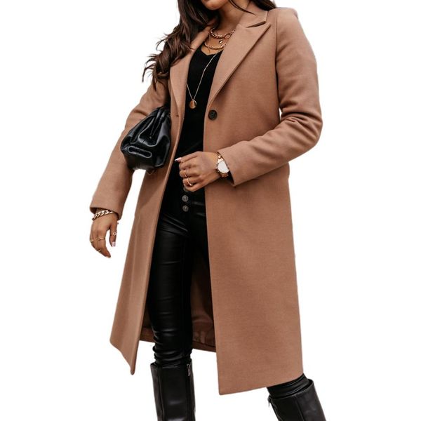 

women autumn winter long sleeve lapel collar coat knee-length jacket overcoat, Gray