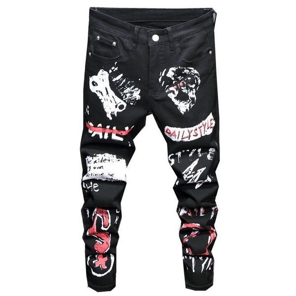 

men's jeans 3d mens digital printing skinny men fashion graffiti painting hip hop pants stretch cotton denim black trousers, Blue