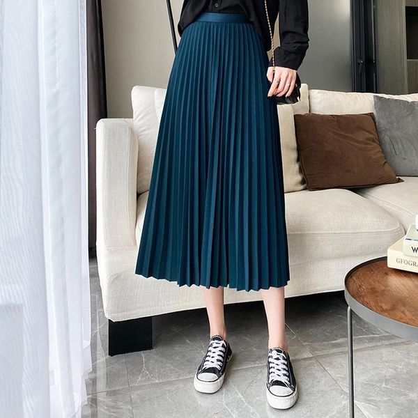

women pleated skirt 2021 harajuku metallic black midi skirt high waist elascity casual party long