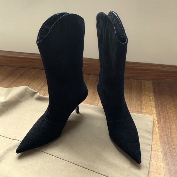 

2021 female winter and western calf suede cow thigh material boots pointed stiletto women's full shoes chbm, Black