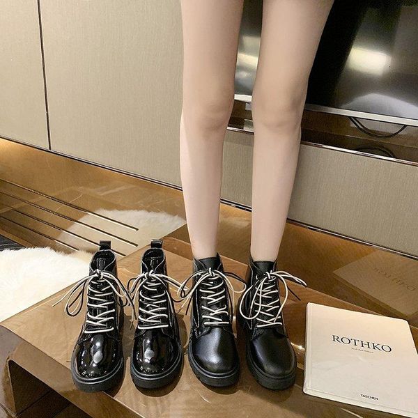 

boots 2021 woman patent leather platform lace up autumn round head fashion black motorcycle ankle botas mujer