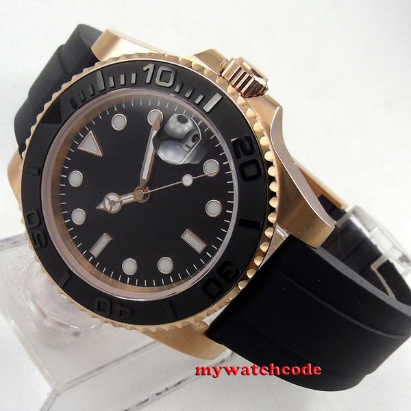 

40 mm bliger black dial sapphire crystal date raam rubber band rose golden case automatic mens watch b261, Slivery;brown