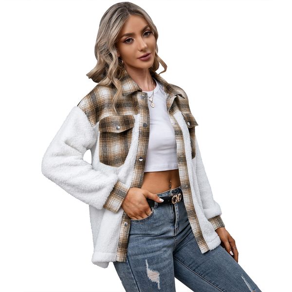 

women's jacket thick cashmere long sleeved plaid shirt stitching loose casual plush shirt single breasted lapel coat, Black;brown