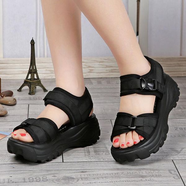 

sandals stretch fabric buckle strap flat with thick bottom hollow out peep toe roman shoes fashion platform beach 5cm, Black
