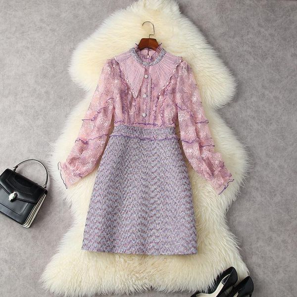 

casual dresses european and american women's clothing winter 2022 long sleeve studded pearl stand collar lace stitching tweed fashion d, Black;gray