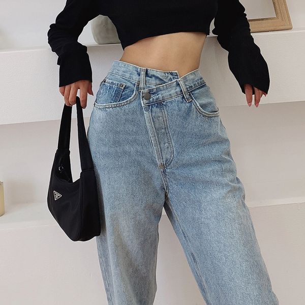 

straight vintage 90s leg asymmetric loose high waist jeans fashion casual women summer denim ufk8, Blue