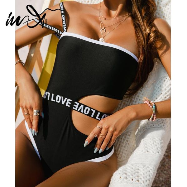 

one-piece suits in-x cut-out one piece swimsuit women bandeau monokini shoulder swimwear female letter printing bathing suit sports bodysuit