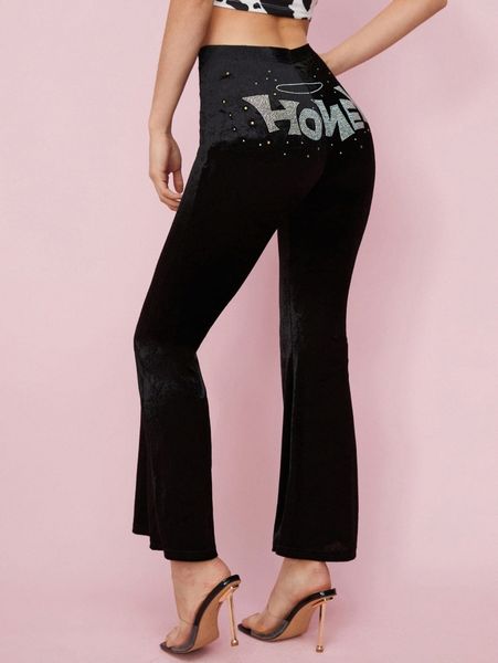 

rhinestone letter pattern velvet flare leg pants 971a#, Black;white