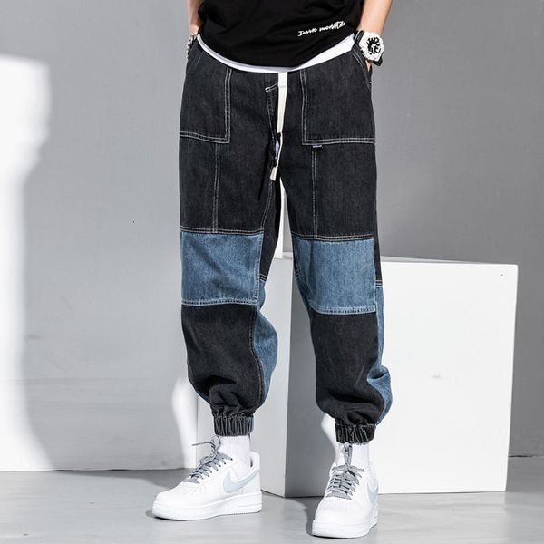 

2021 new men's hip hop colour by combining loose cargo pants tappered harem breezy autumn breeches black jeans denigrate large dimensio, Blue