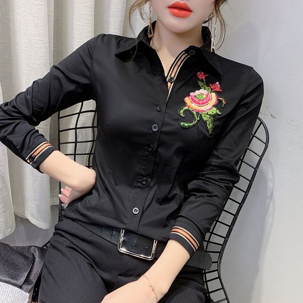 

new summer korean clothes embroidery flower blouse womon beading diamonds woven nylon shirt women long sleeve t02503 210225, White