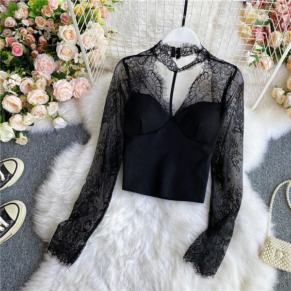 

2021 halter lace patchwork blouse women elegant see-through long sleeve black club party short female bottom shirt fashion bgea, Blue
