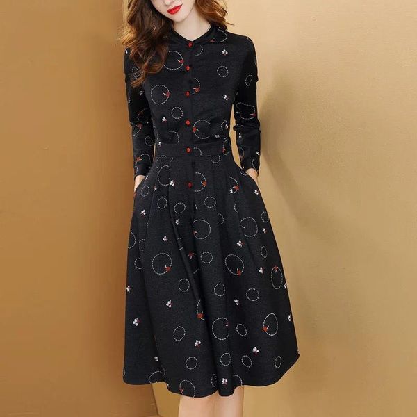 

casual dresses black printed long dress autumn sleeve slim butterfly printing button office lady women pleat hem, Black;gray