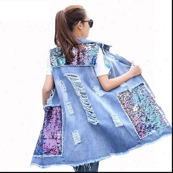 

spring autumn long cardigan denim jacket women sequined sleeveless jeans jackets fashion ladies blue hole coat plus size outwear, Black;brown