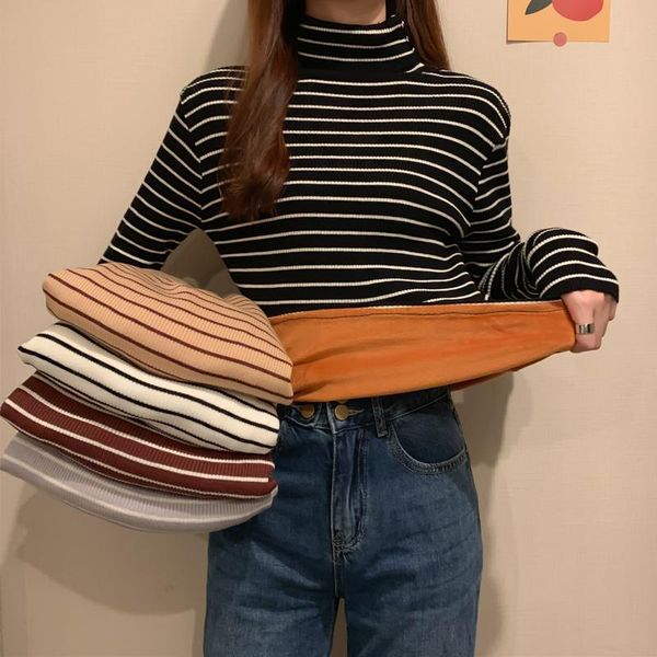 

autumn winter woman sweaters knitted striped women turtleneck sweater warm velvet wool blouse long sleeve jumpers pullovers, White;black