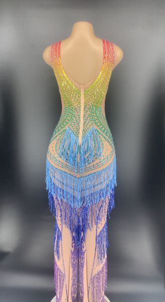 

transparent colorful rhinestones fringes dress mesh see through crystals dress evening birthday celebrate costume dress, Black;red