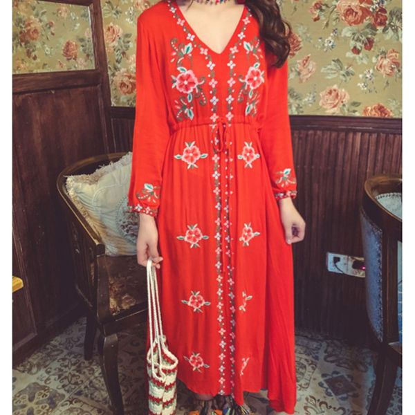 

2021 new retro ethnic style embroidered with v-lantern cleavage dress 1vx0, Black;gray