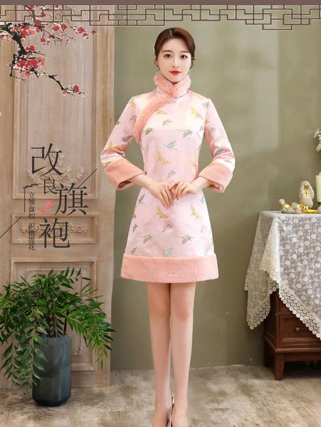 

ethnic clothing h.rong.x 2021 winter traditional chinese cheongsam dress pink elegant bodycon sweet qipao warm wedding party fleece chipao, Red