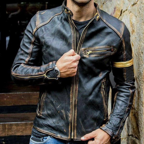

autumn motorcycle leather jacket men street fashion bomber jackets casual stand collar coat mens retro pu biker outwear 210928, Black