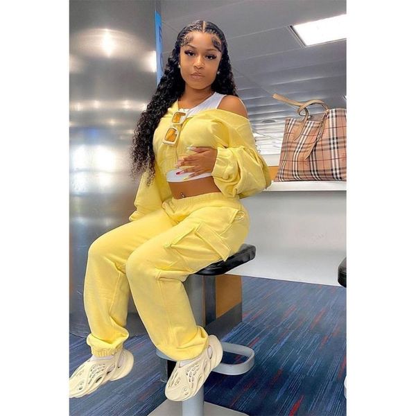 

women's two piece pants women casual yellow pink tracksuit long sleeve zip up oversized hoodies and track cargo set streetwear outfits, White