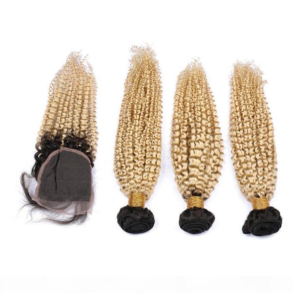 

ombre virgin brazilian hair bundles with closure 4" * 4" dark root kinky curly ombre brazilian weave with closure, Black;brown