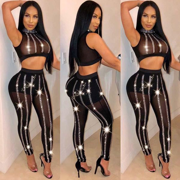 

two piece dress women 2 set see-through mesh bling diamond crop + pencil pants suit clubwear party matching outfits, White