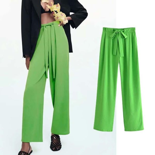 

women's pants & capris klkxmyt za for women green high waisted woman trousers summer 2021 bow knot streetwear casual loose wide leg, Black;white