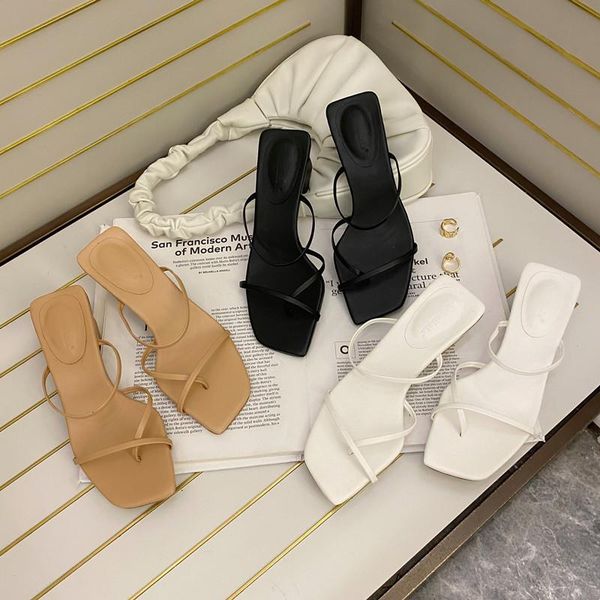 

slippers fashion narrow band women square toe high heels 5cm casual slides summer flip flops beach sandals 35-39, Black