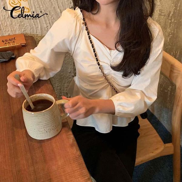 

women's blouses & shirts women blouse celmia summer casual femme solid pleated puff sleeve clothing for ladies v-neck tunic blusas 5xl, White