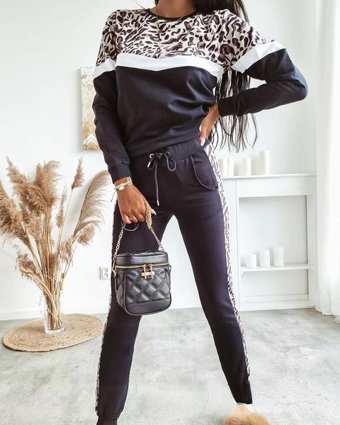 

women's two piece pants 2021 spot cross-border autumn and winter striped splicing round neck suit, White