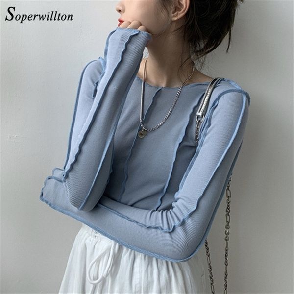 

skintight women blouse korea shirt bottoming soft knitted female shirts blue rose autumn blouses fashion blusa chic 210225, White