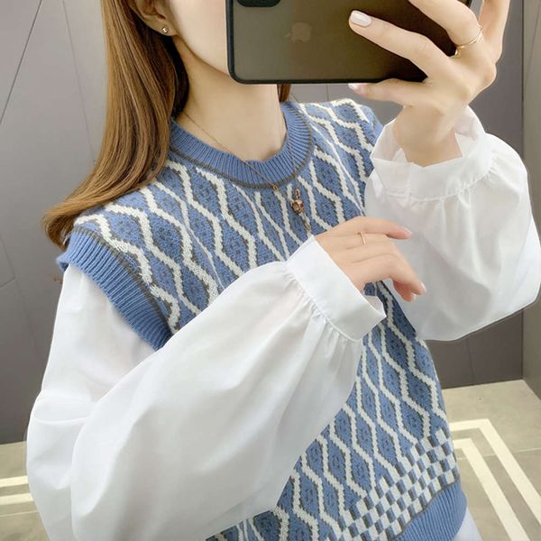 

fake two piece stitched sweater for women's loose korean version, new 2021 knitted base coat, with autumn and winter on the inside, White;black