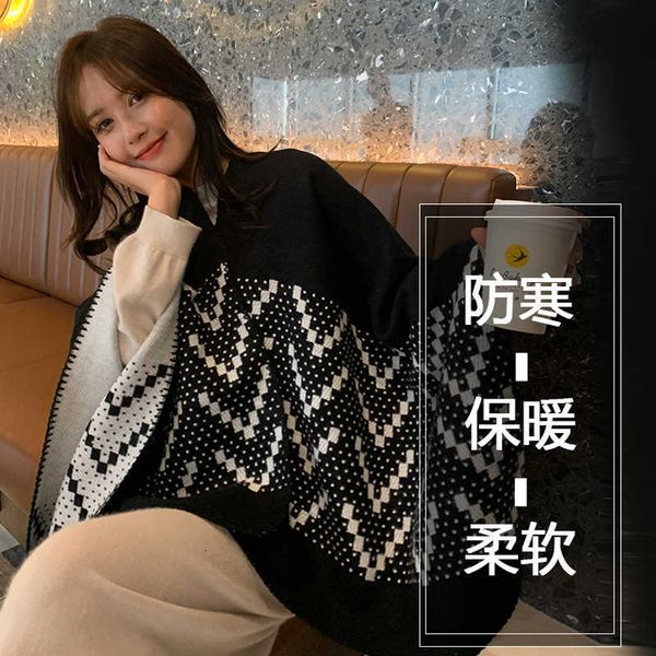 

striped shawl split cape autumn winter travel shooting warm and windproof enlarged scarf, Blue;gray