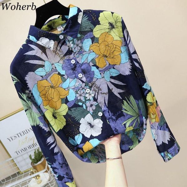 

women's blouses & shirts woherb vintage flower print blouse turn down collar long sleeve fashionable loose clothes women korean 91106, White