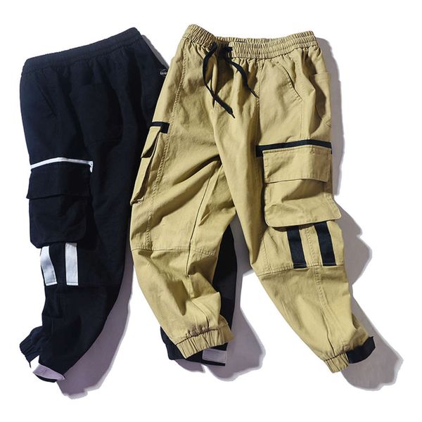

summer brand three-dimensional pocket fashion velcro binding loose men's casual overalls, Black