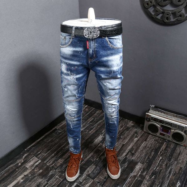 

brand jeans men's autumn new splicing versatile winter slim straight youth long pants fashion splash inkwinter, Blue