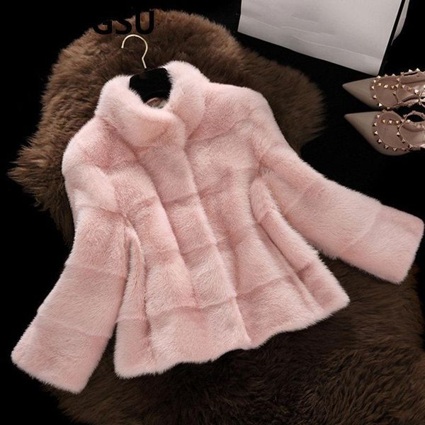 

warm winter short faux fur coat 2021 autumn winter new arrival women long sleeve solid color stand collar plus size 3xl fur jack, Black