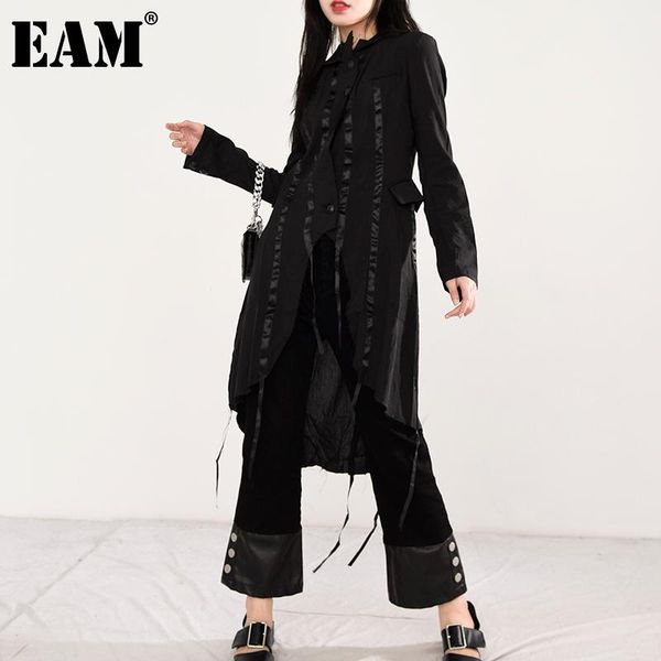 

eam] women ribbon asymmetrical black long trench new lapel long sleeve loose fit windbreaker fashion tide spring 2021 1t69801, Tan;black