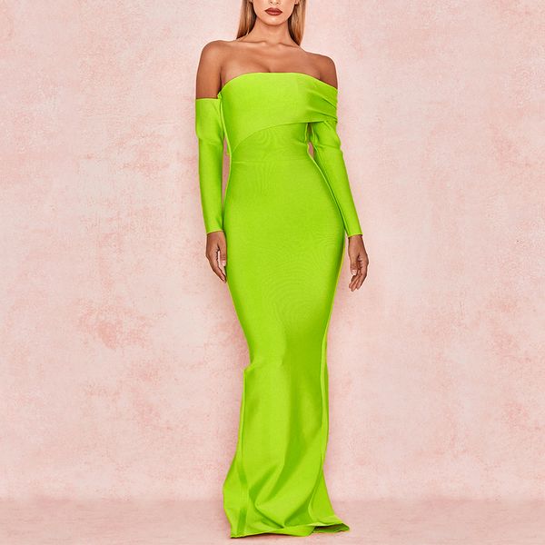

2021 new bandage women elegant slash neck evening party dresses vestidos yellow club long dress 01d1, Black;gray