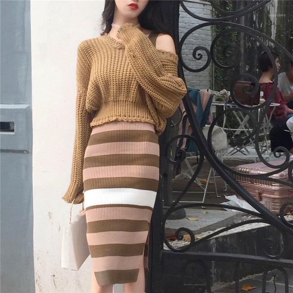 

women's two piece pants 2021 autumn winter women sets casual fashion v-neck pullover sweater and split dress striped knitted suits, White