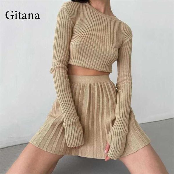 

gitana autumn knitted skirt sets women suits with skirt long sleeve slim crop sweater and pleated skirt matching sets 211101, White