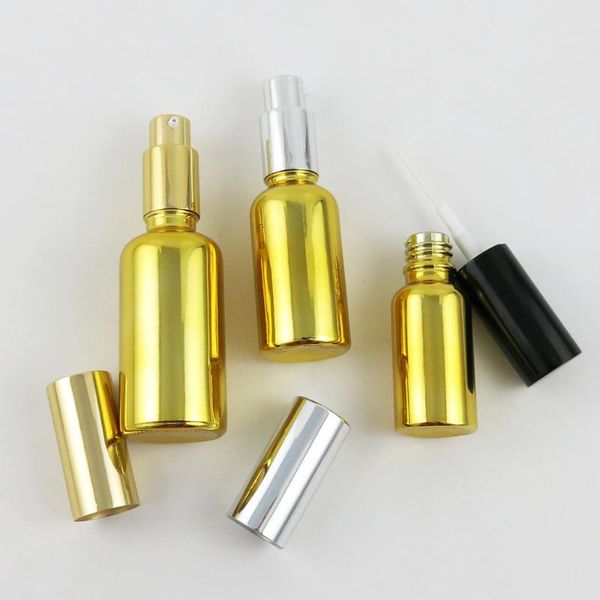 

10pcs x empty gold glass bottles for 100ml 50ml 30ml 15ml 10ml glass essence cosmetic container with pump